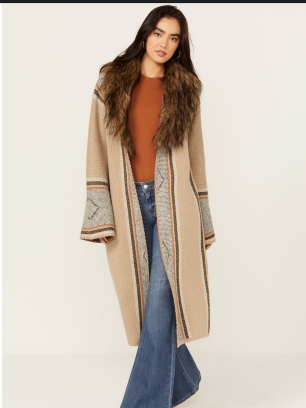 Shyanne Tan Beige Knit Western Cardigan Sweater Removable Fur Collar Large